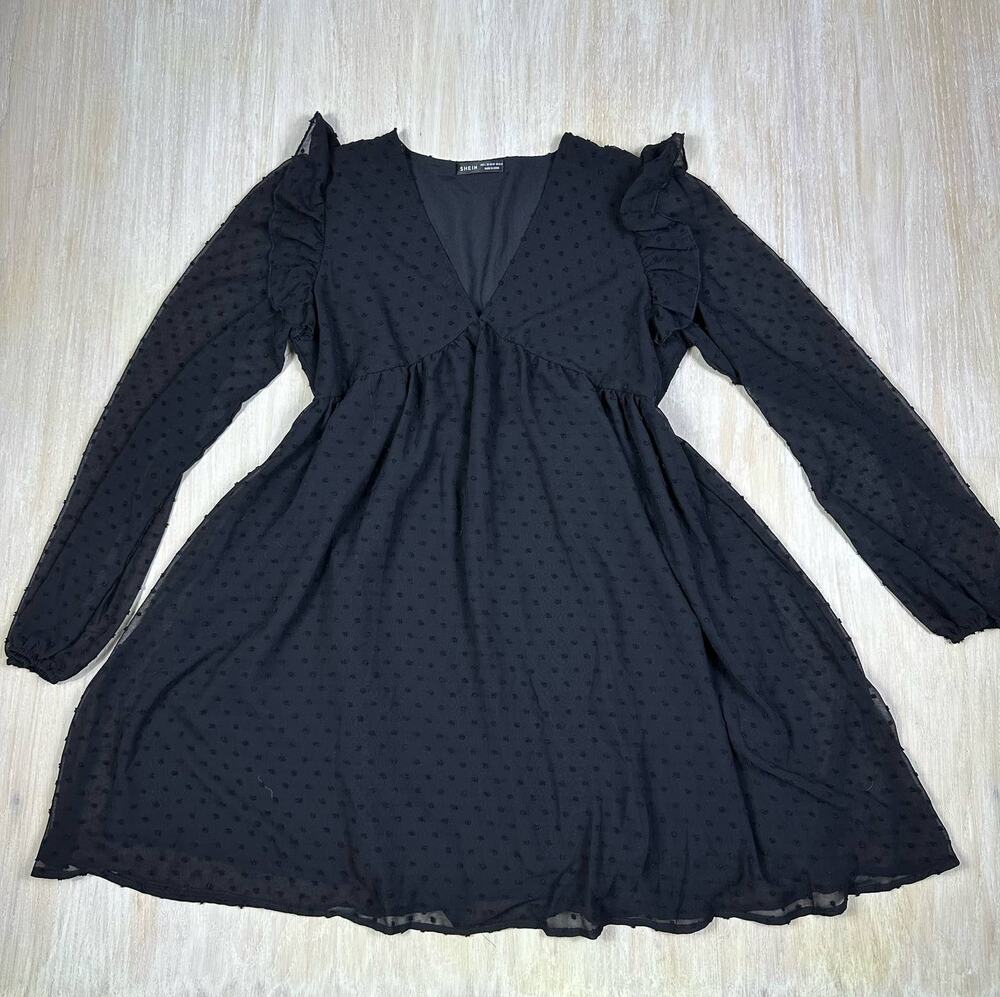 SHEIN Black Swiss Dot V-Neck Long Sleeve Boho Peasant Ruffle Mini Dress Large